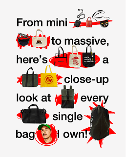 Every Single Bag editorial spread — bold typography collaged with cut-out bags